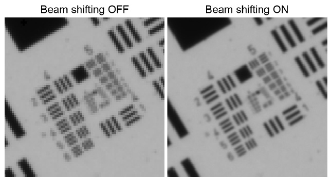 圖 8：（左）USAF目標(biāo)在關(guān)閉 BSW-20 的單色相機(jī)上成像。(右圖）開(kāi)啟 BSW-20 后USAF目標(biāo)成像。橫向分辨率提高了 41%。