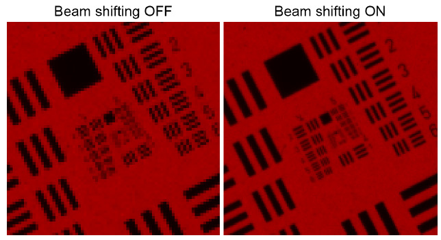 圖 9：（左）在關(guān)閉 BSW-20 的情況下，用彩色相機(jī)的紅色通道拍攝的USAF目標(biāo)。(右圖）開(kāi)啟 BSW-20 后拍攝的USAF目標(biāo)。橫向分辨率提高了 100%。