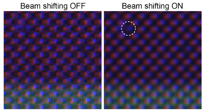 （左）BSW-20 關(guān)閉時(shí)的電話顯示圖像。(右圖）開(kāi)啟 BSW-20 后的手機(jī)顯示屏圖像?？梢院苋菀椎刈R(shí)別出缺失的像素（白色虛線圓圈標(biāo)識(shí)）