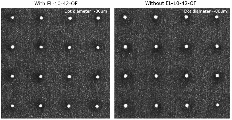 在光束路徑中安裝和不安裝 EL-10-42-OF 時(shí)的打標(biāo)質(zhì)量比較，兩種設(shè)置之間沒(méi)有任何差異